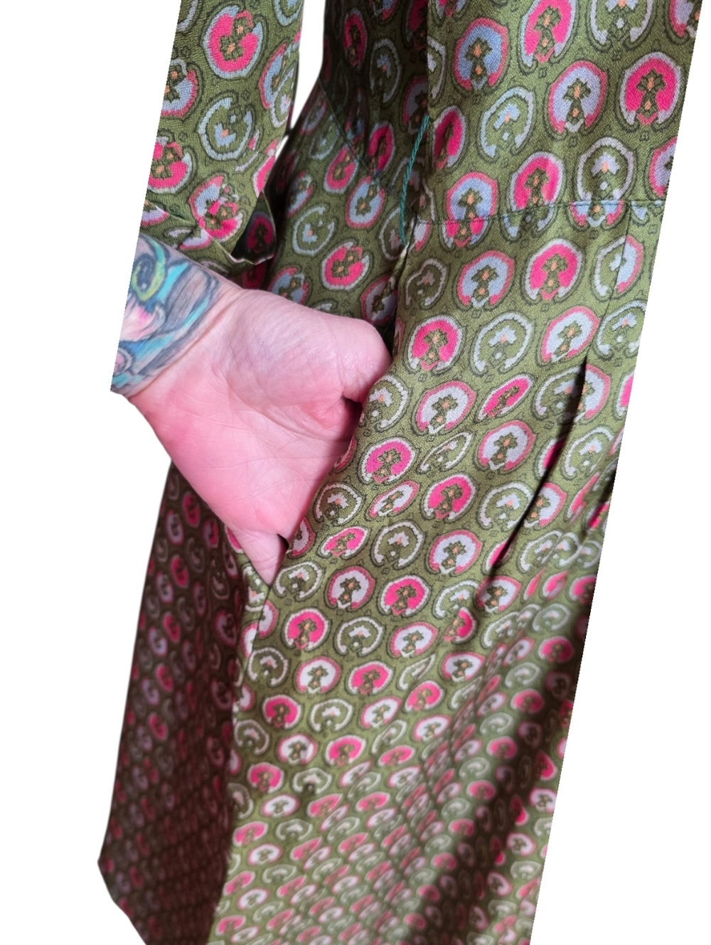 Vintage 1950s Korell Printed Day Dress Olive Pink Novelty Print Womens Size XL - Picture 12 of 15